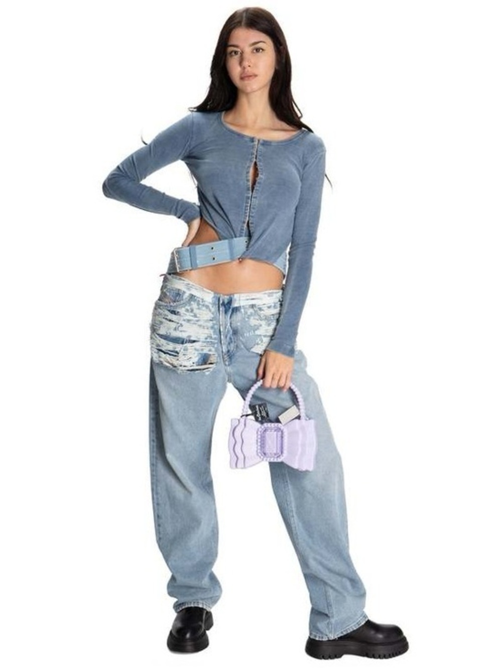 Diesel T Long Sleeve Hildi High Fashion Ribbed Small Acid Wash